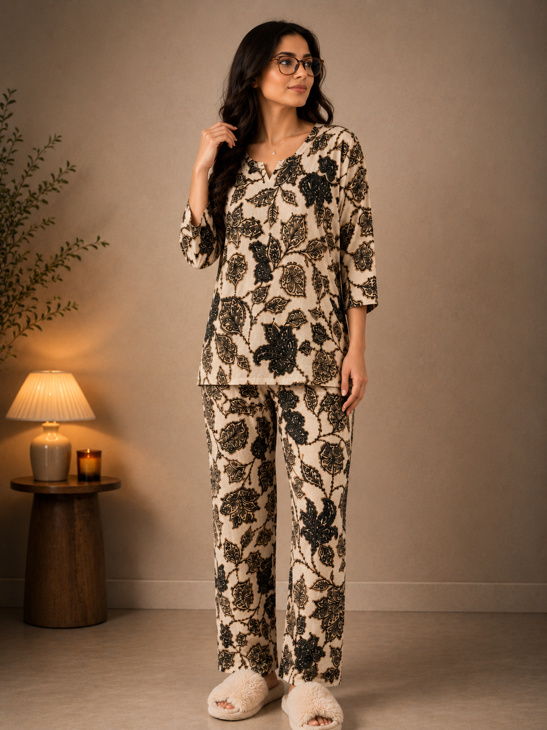 Cream Floral Printed Rayon Night Suit with Elegant Black Motifs | Claura