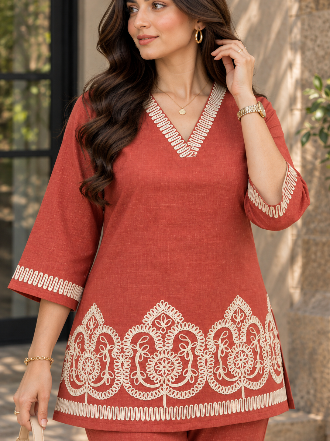 Rust & Cream Floral Embroidered Tunic with Palazzos | Claura