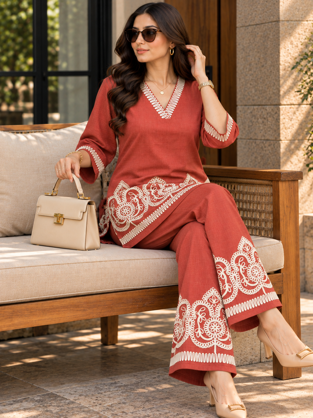Rust & Cream Floral Embroidered Tunic with Palazzos | Claura
