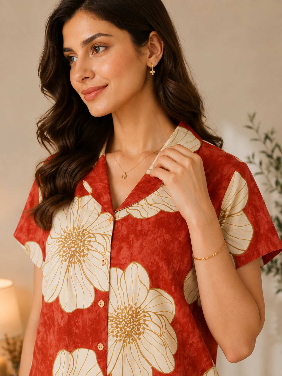 Red Color Viscose Rayon Floral Printed Night Suit for Women | Claura
