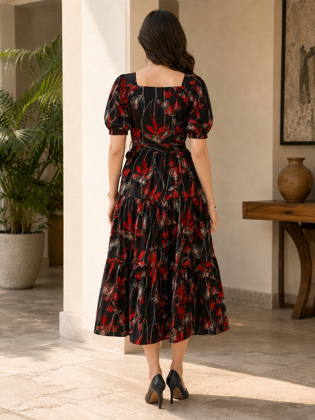 Red Floral Print Cotton Square Neck A-Line Midi Dress | Claura
