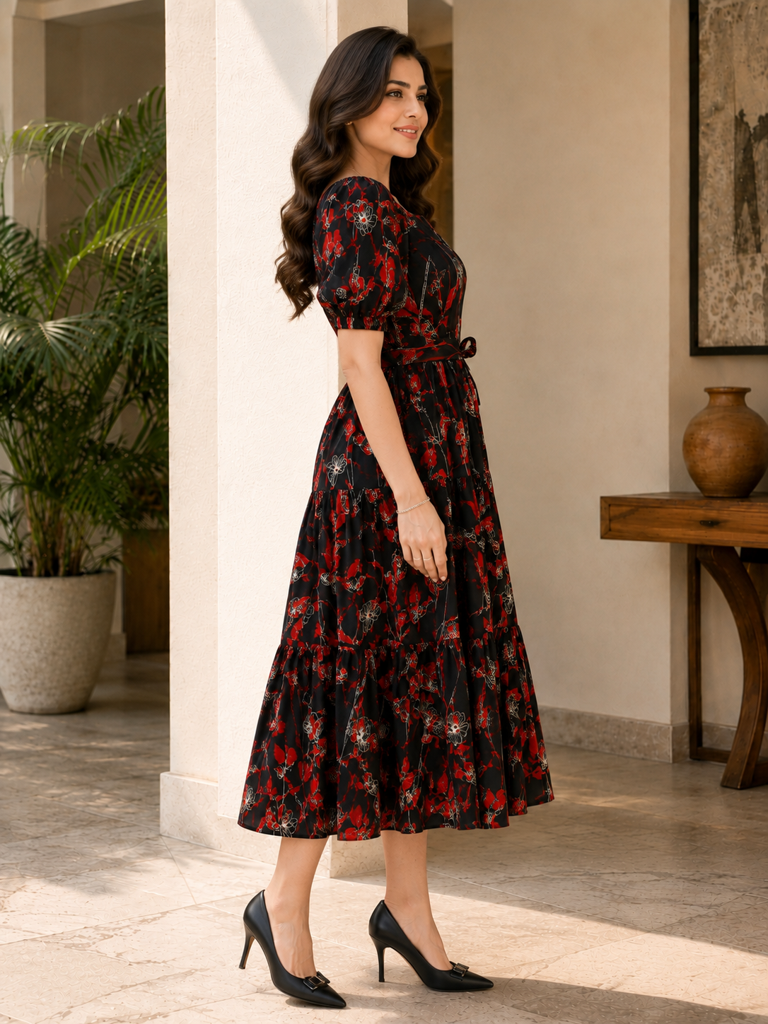 Red Floral Print Cotton Square Neck A-Line Midi Dress | Claura