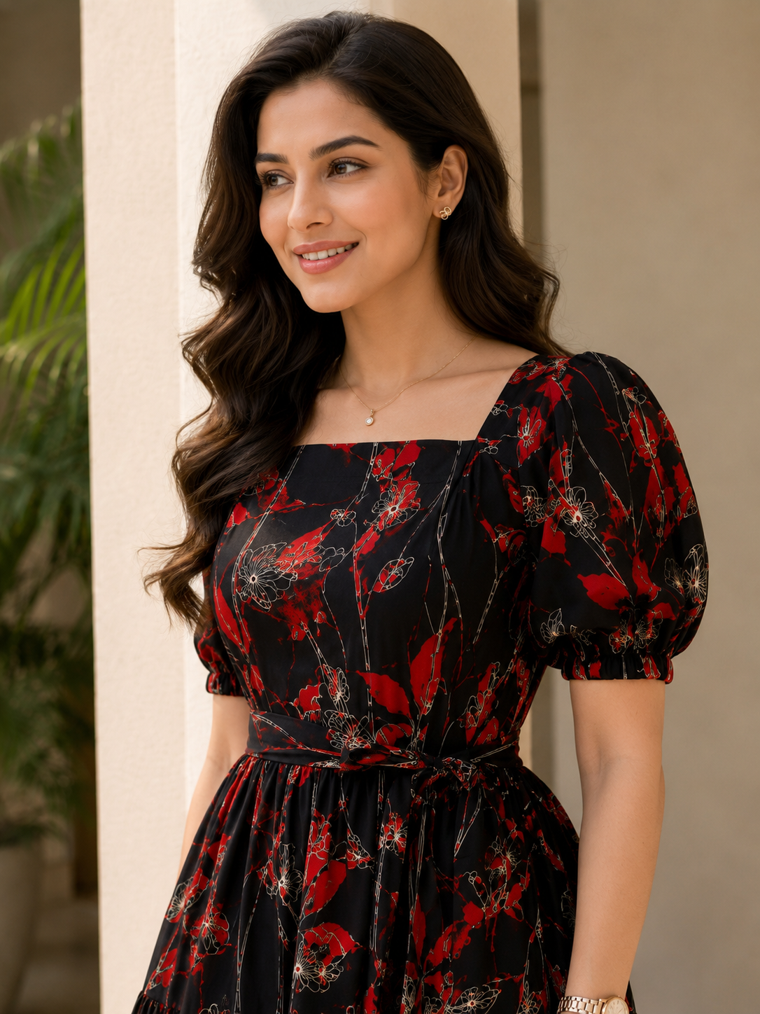 Red Floral Print Cotton Square Neck A-Line Midi Dress | Claura