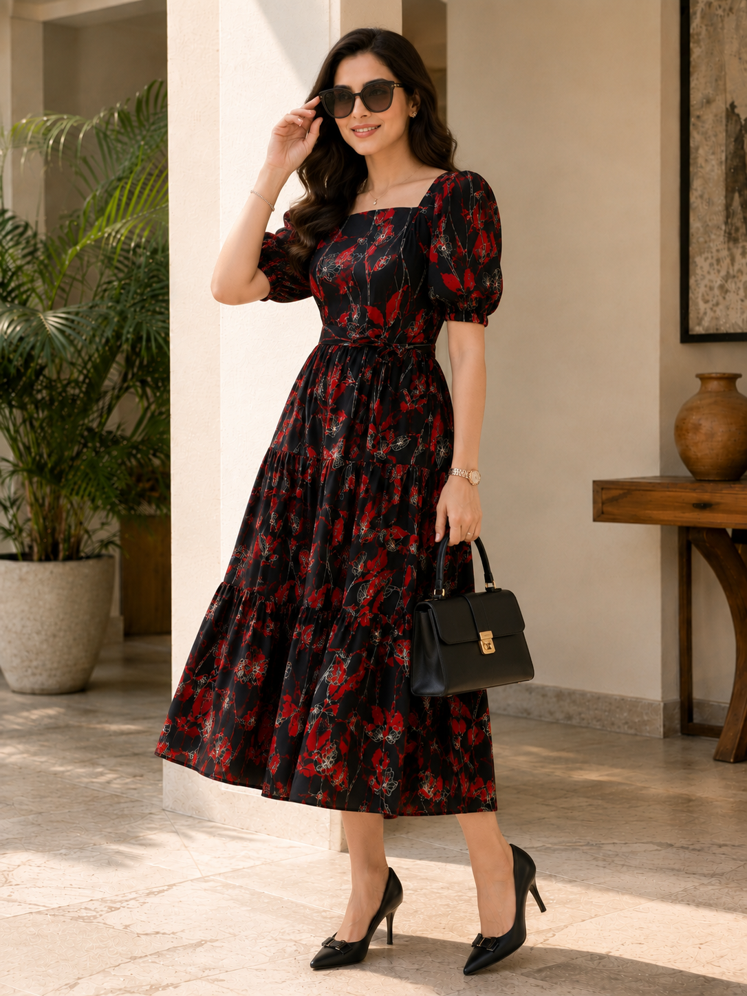 Red Floral Print Cotton Square Neck A-Line Midi Dress | Claura