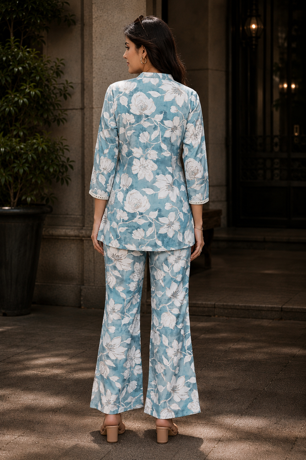 Blue Floral Chanderi Silk Co-Ord Set for Women 3/4 Sleeves