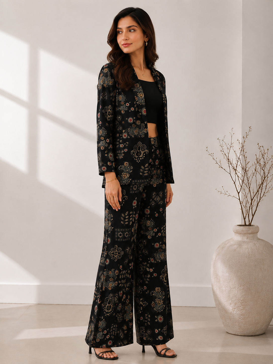 Black Chanderi Silk Co-Ord Set for Women With Jacket