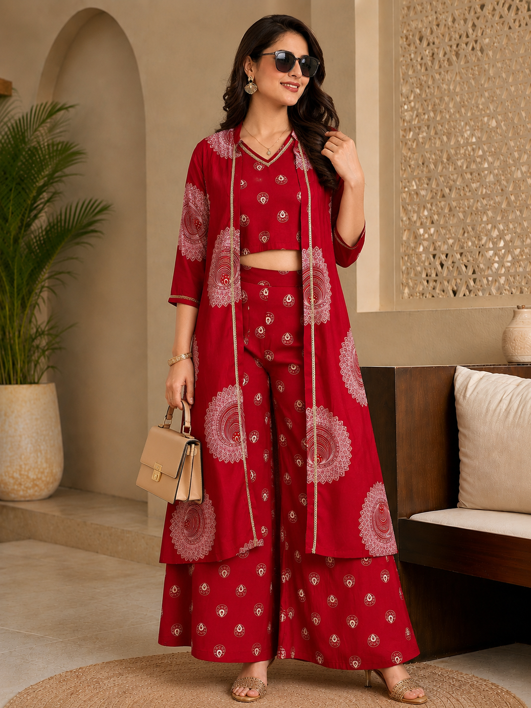 Red Ethnic Chanderi Silk Co-Ord Set for Women with Jacket
