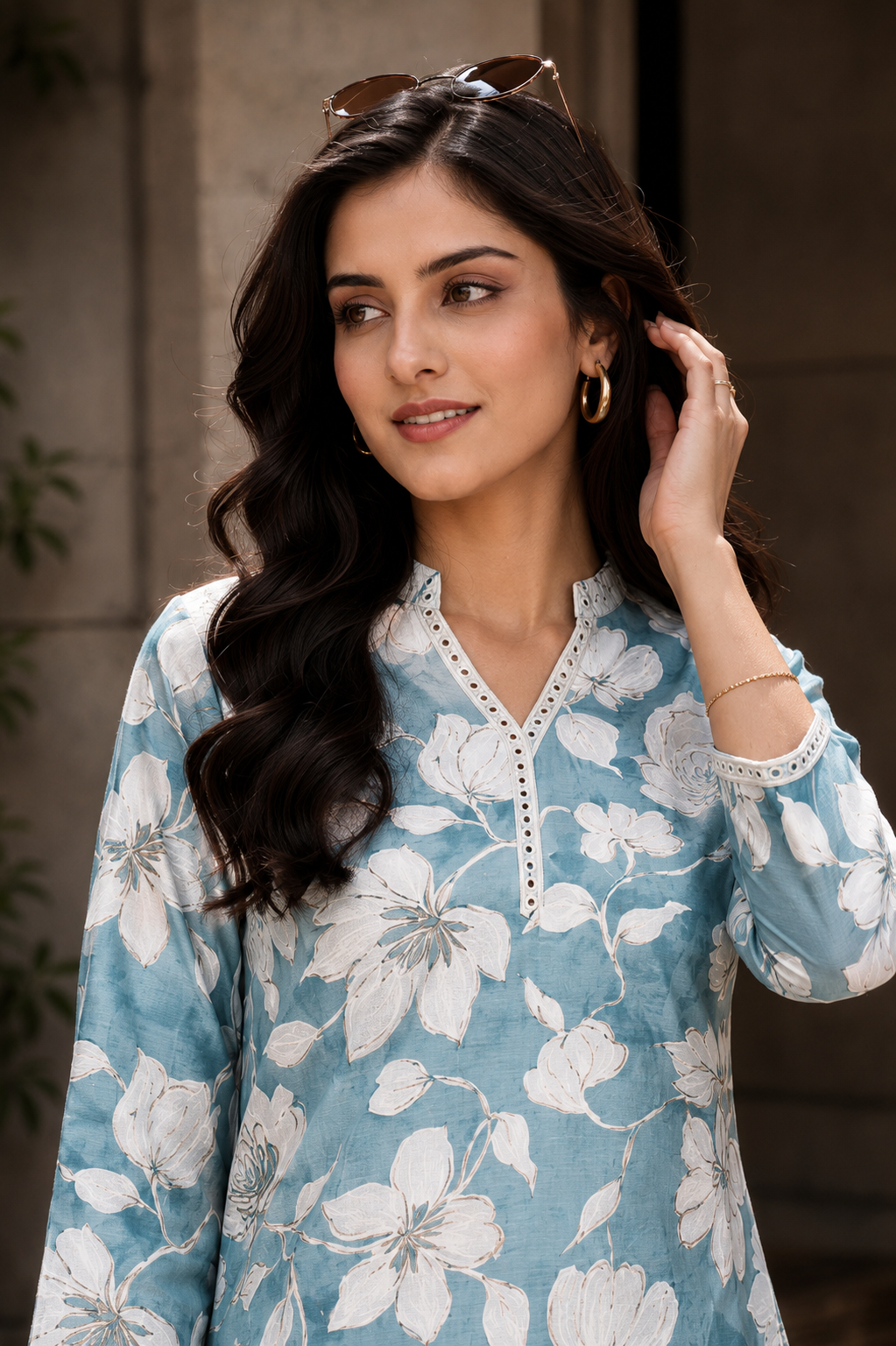 Blue Floral Chanderi Silk Co-Ord Set for Women 3/4 Sleeves