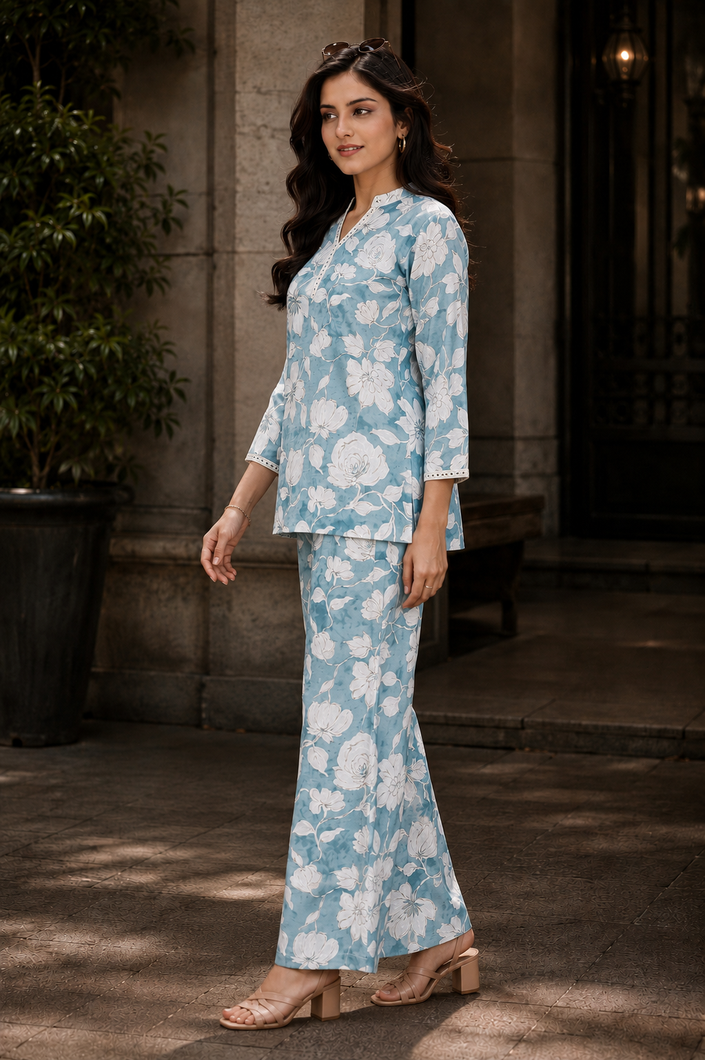Blue Floral Chanderi Silk Co-Ord Set for Women 3/4 Sleeves