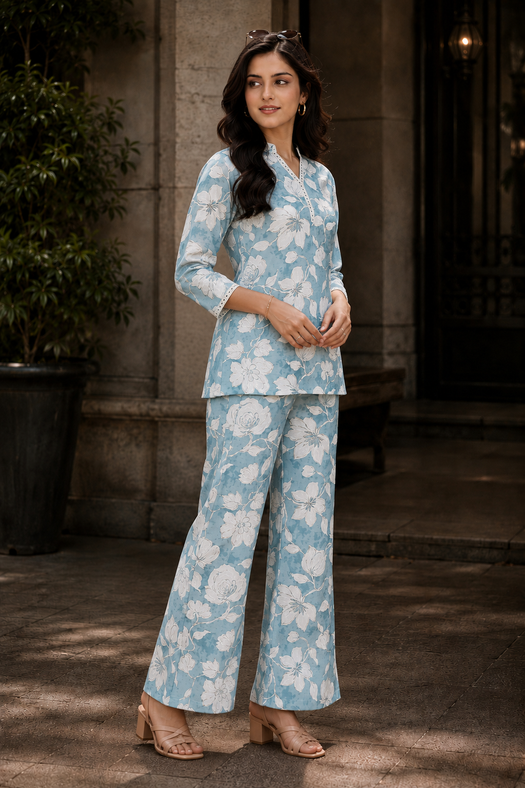 Blue Floral Chanderi Silk Co-Ord Set for Women 3/4 Sleeves