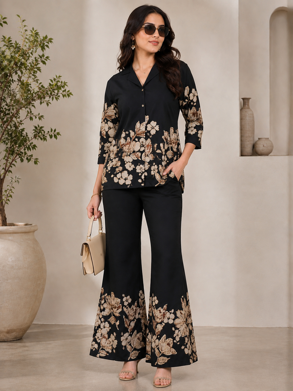 Black Chanderi Silk Floral Co-Ord Set for Women | Claura