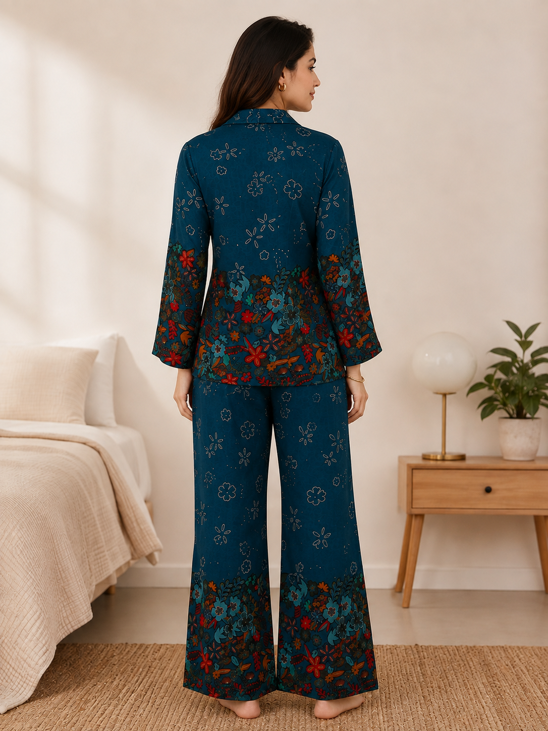 Teal Blue Floral Viscose Rayon Night Suit for Women | Claura