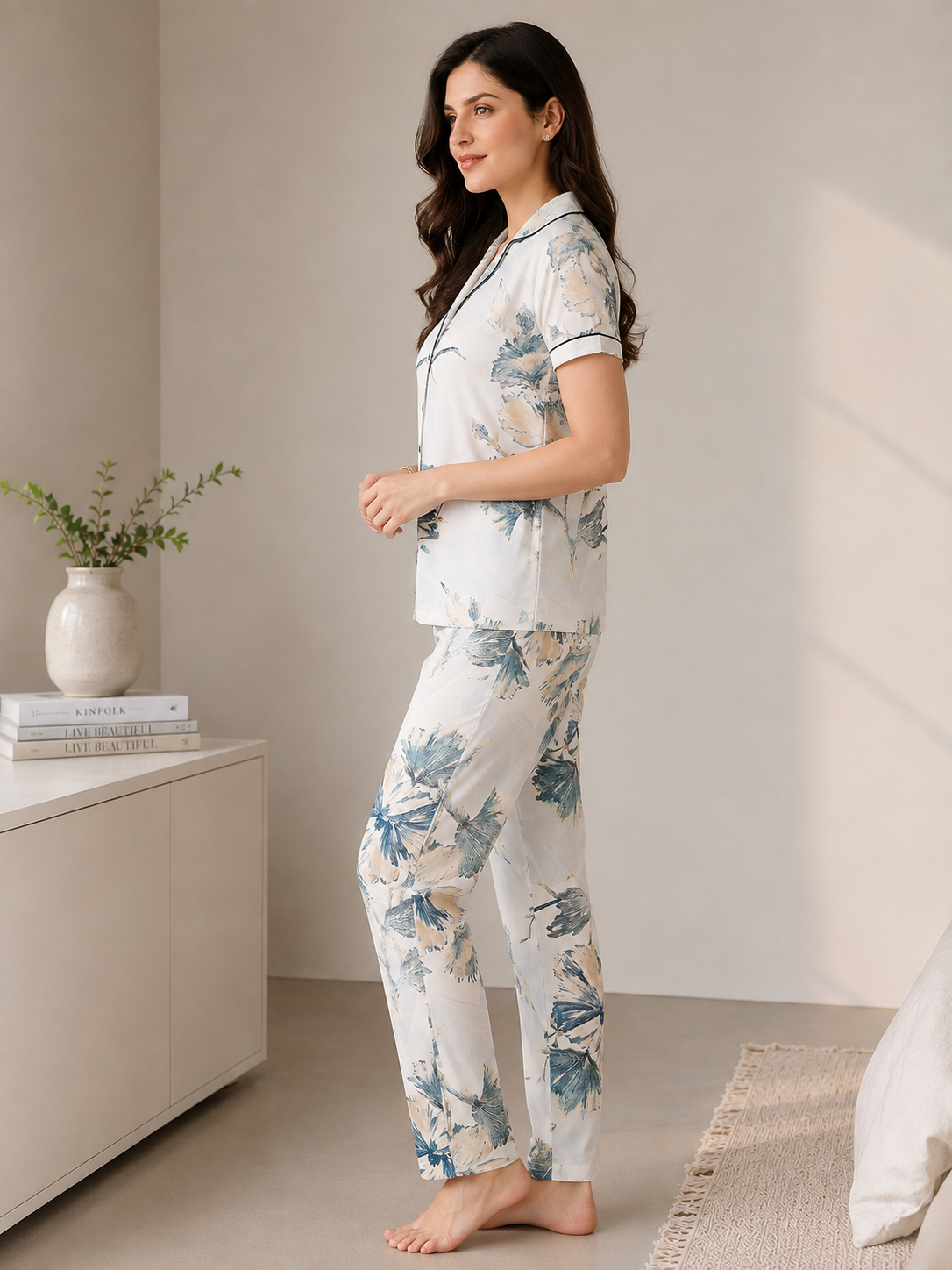 Blue Floral Viscose Rayon Night Suit for Women | Claura