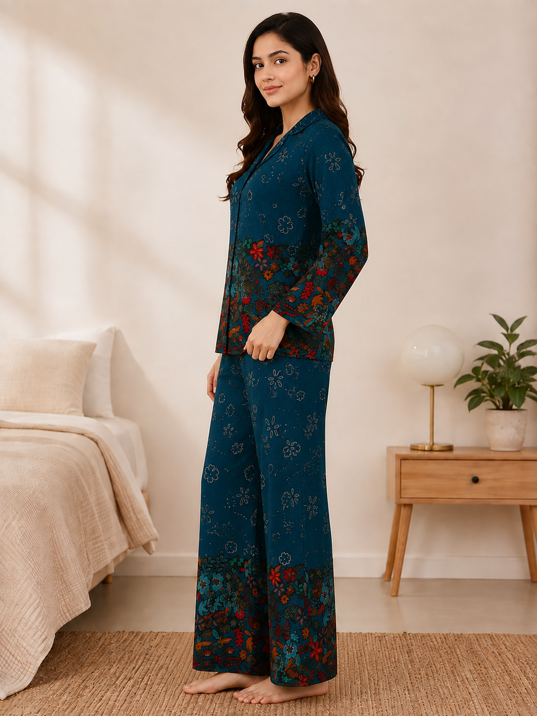 Teal Blue Floral Viscose Rayon Night Suit for Women | Claura