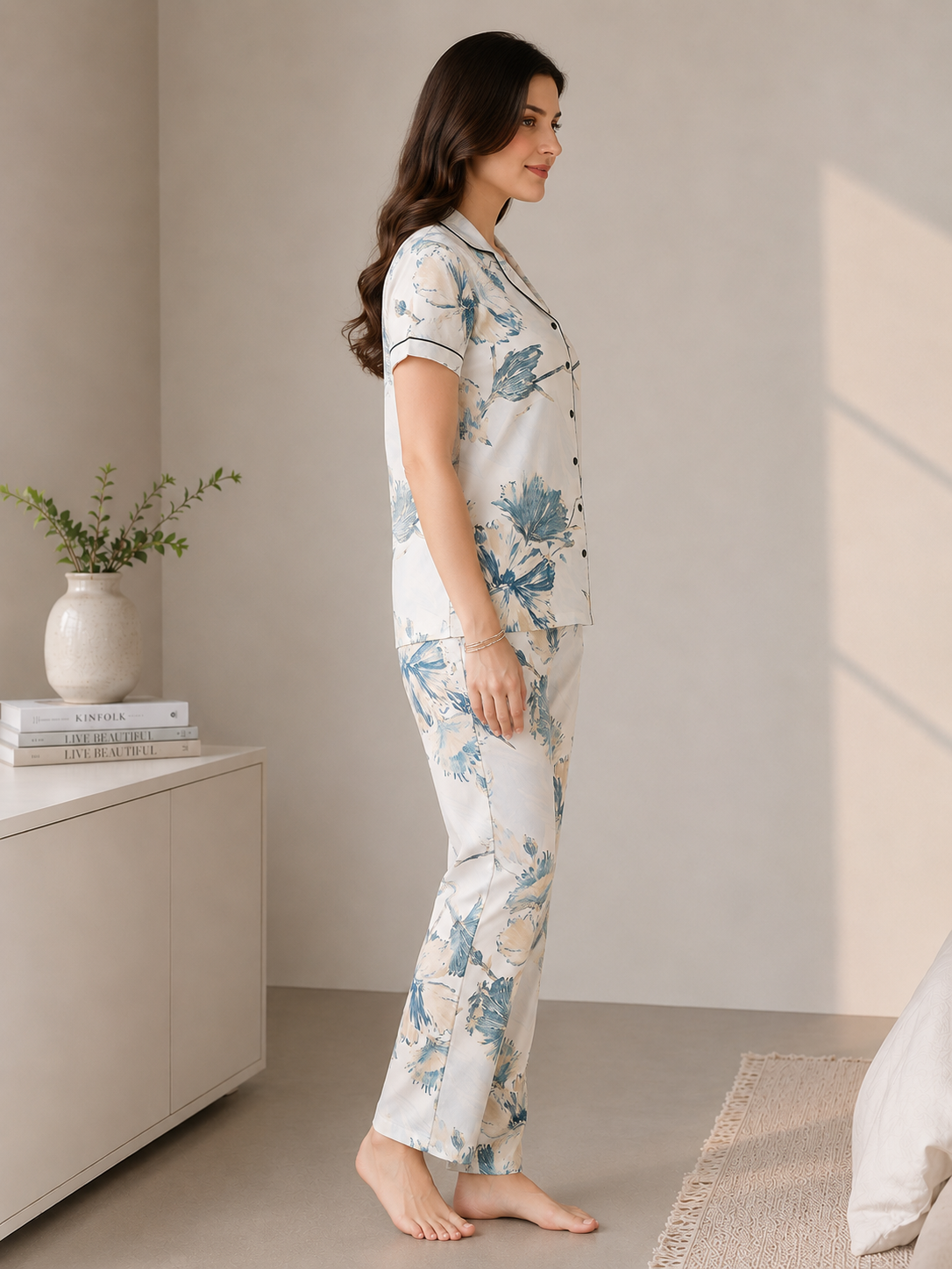 Blue Floral Viscose Rayon Night Suit for Women | Claura