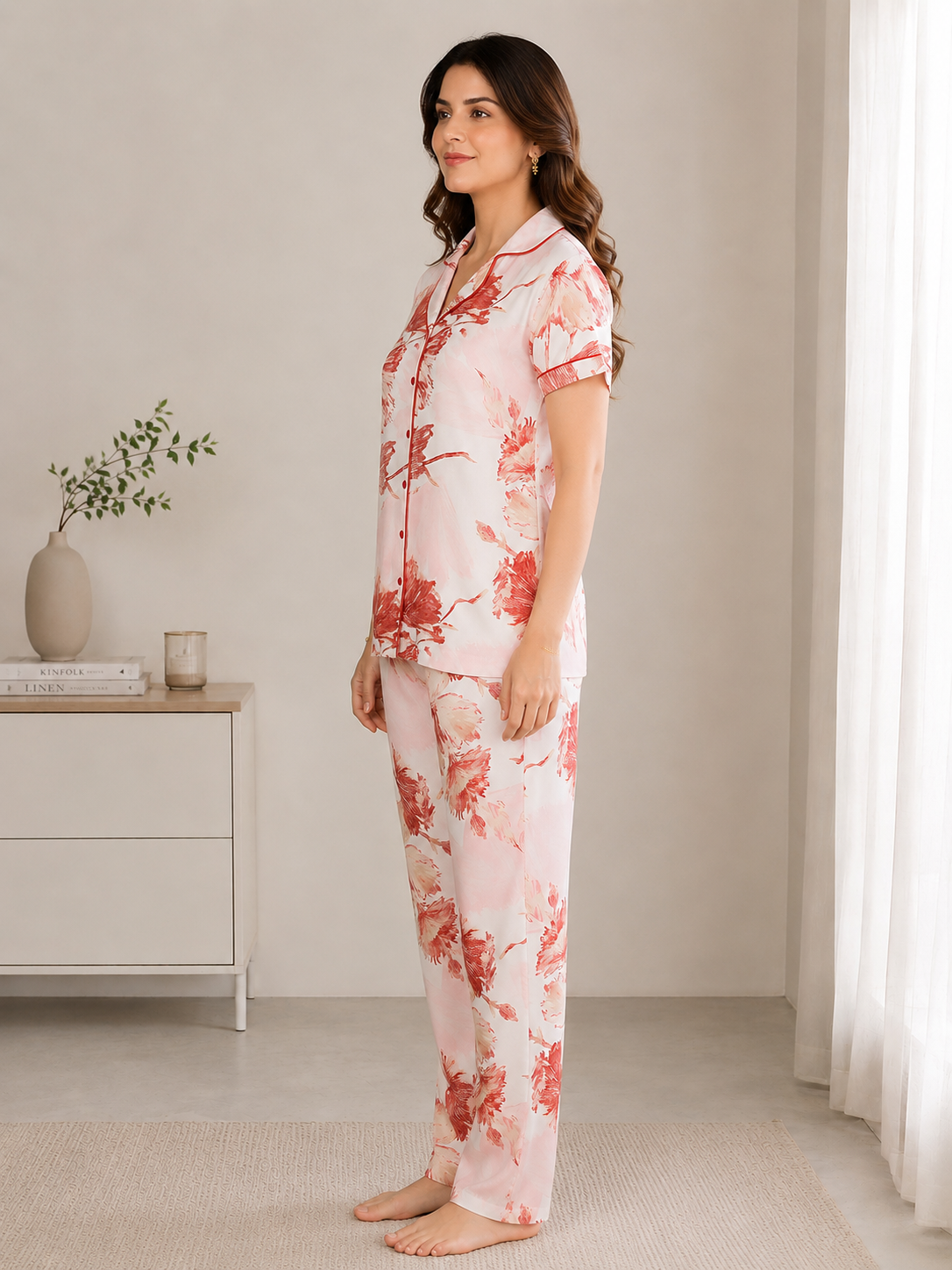 Pink Floral Viscose Rayon Night Suit for Women | Claura