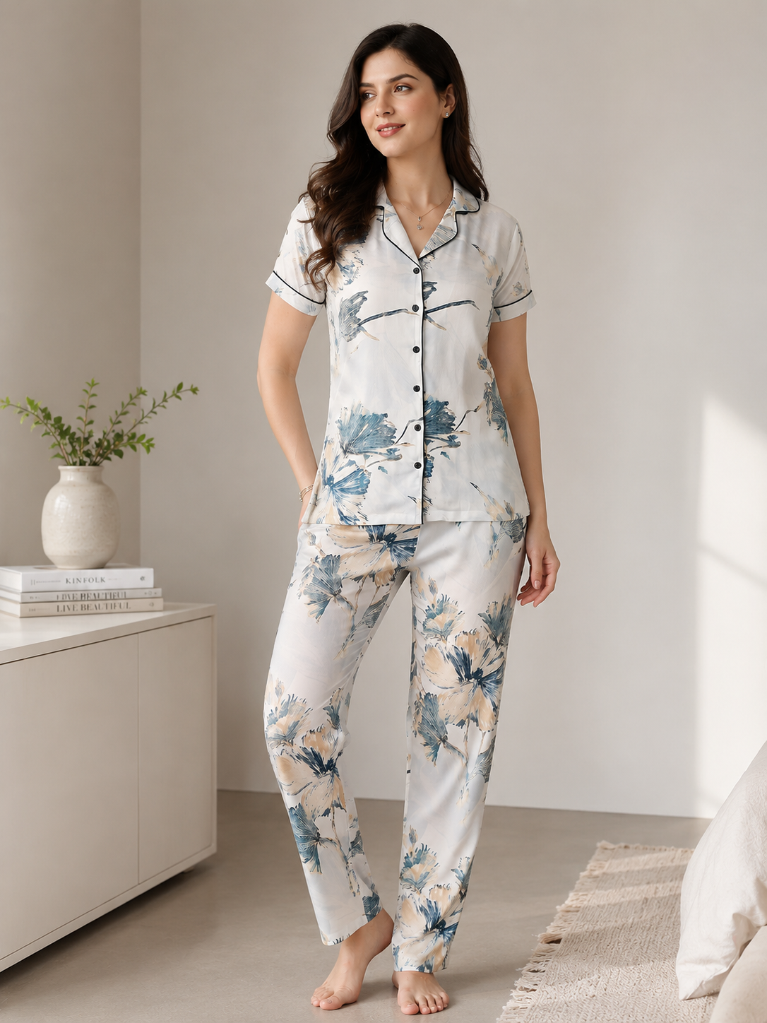 Blue Floral Viscose Rayon Night Suit for Women | Claura