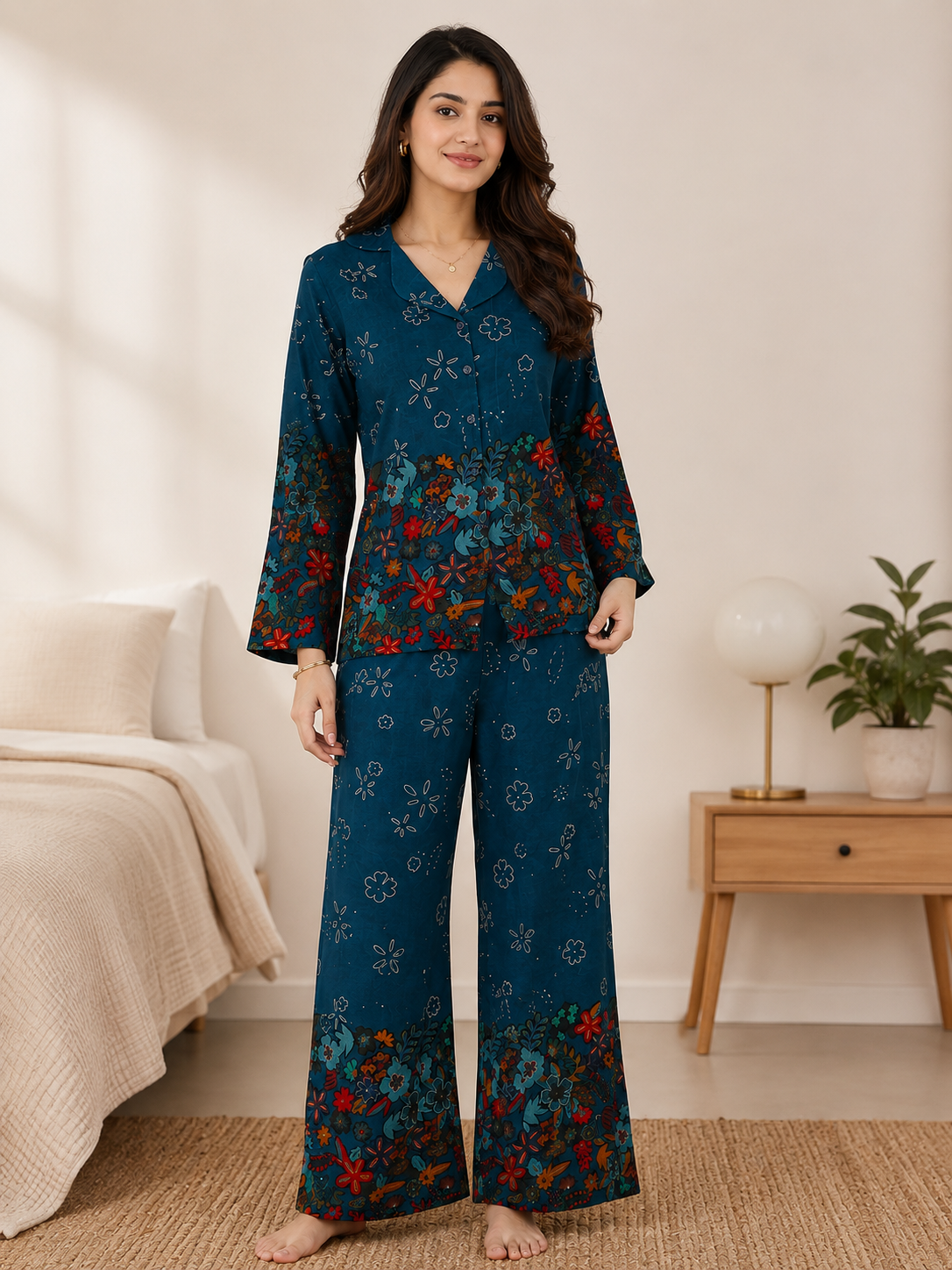 Teal Blue Floral Viscose Rayon Night Suit for Women | Claura