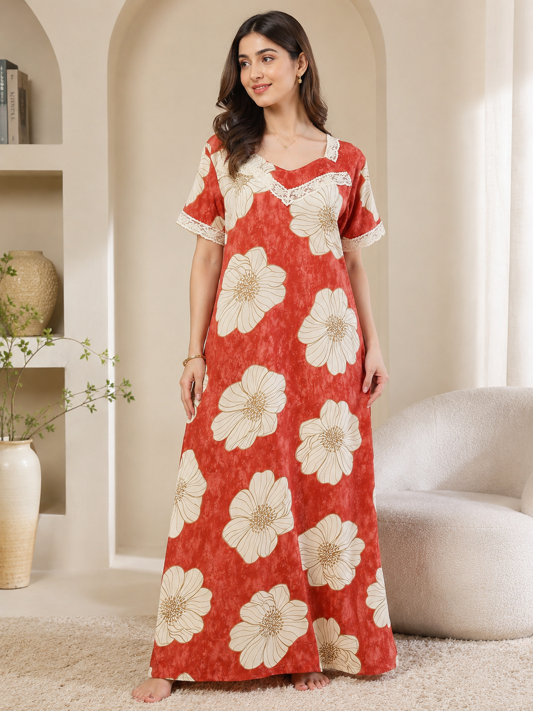 Red Color Floral Printed Viscose Rayon Nighty | Claura