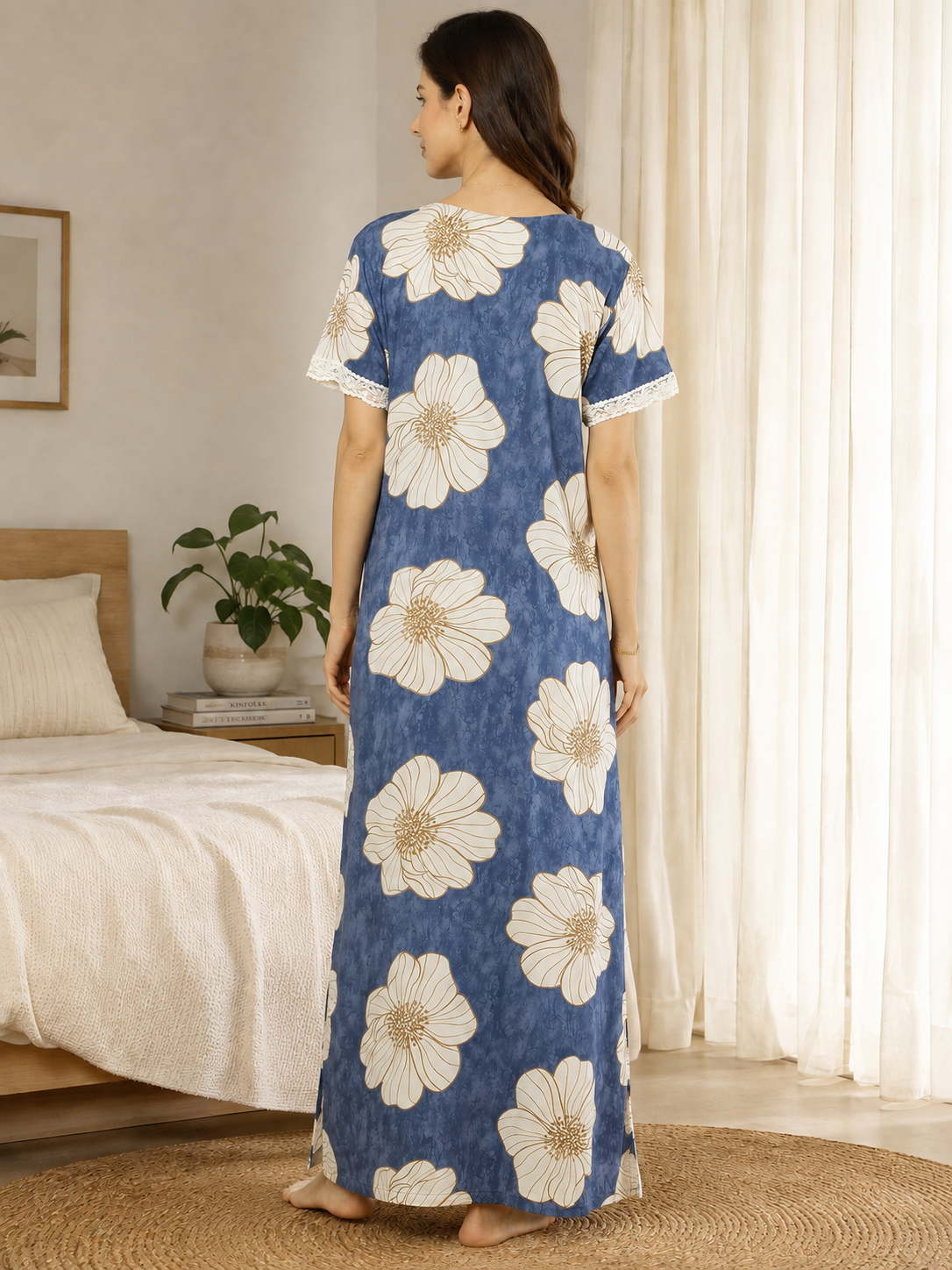 Blue Color Floral Printed Viscose Rayon Nighty | Claura