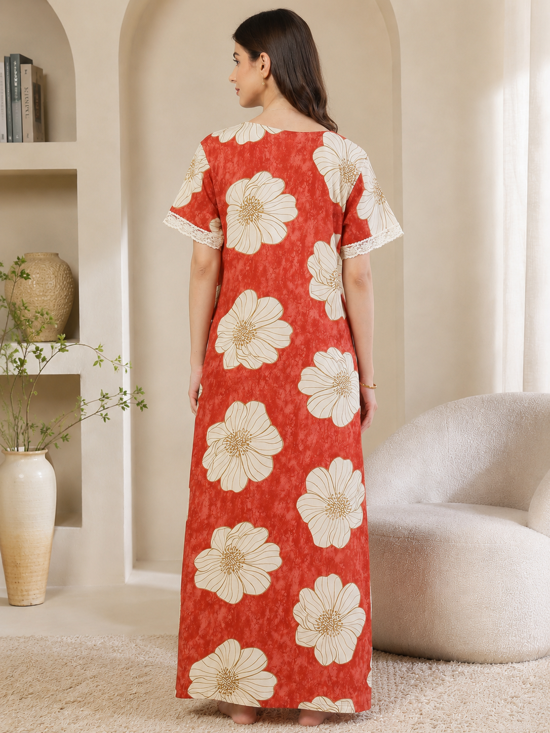 Red Color Floral Printed Viscose Rayon Nighty | Claura