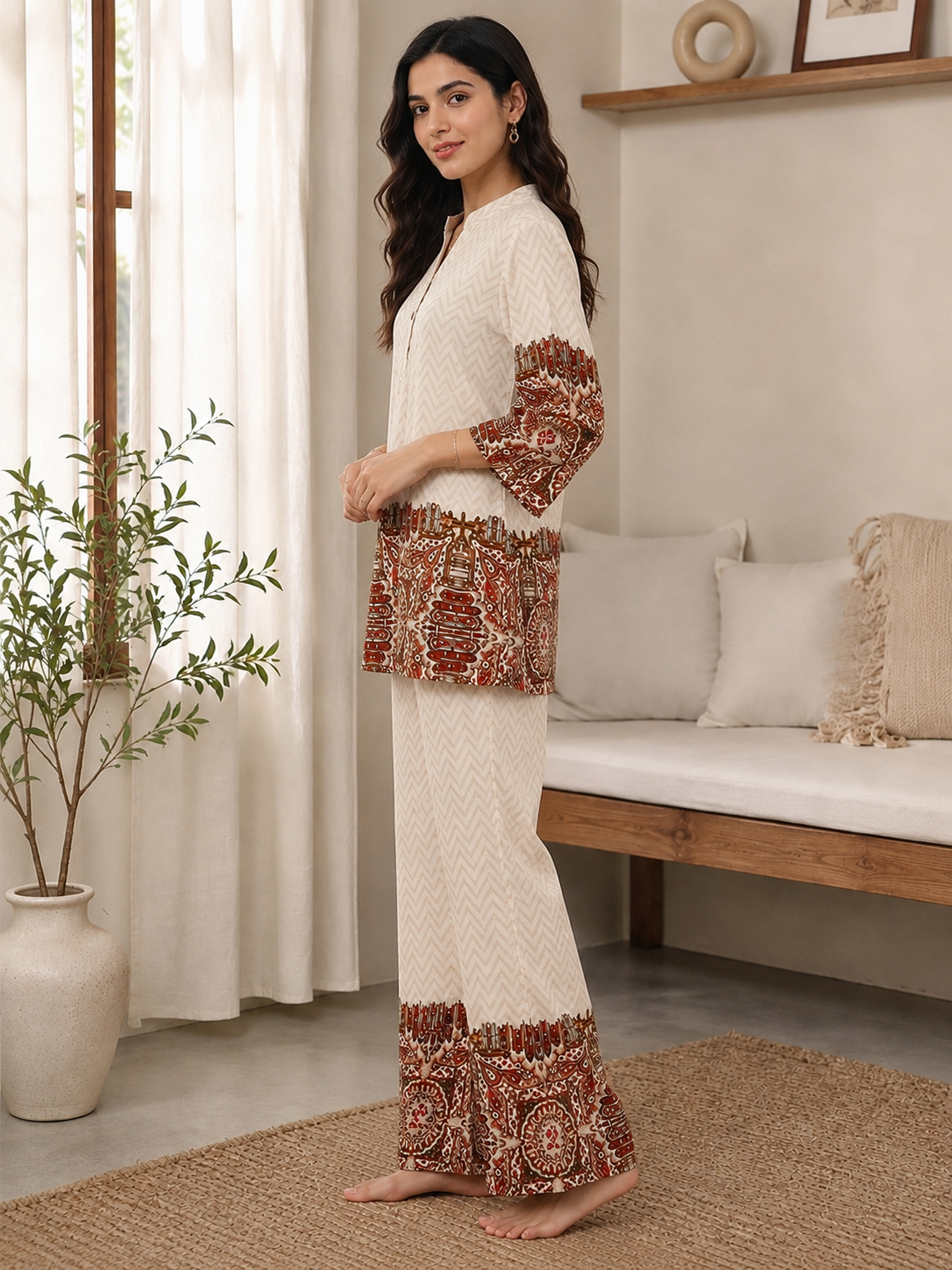 White Viscose Rayon Abstract Printed Co-ord Set for Women