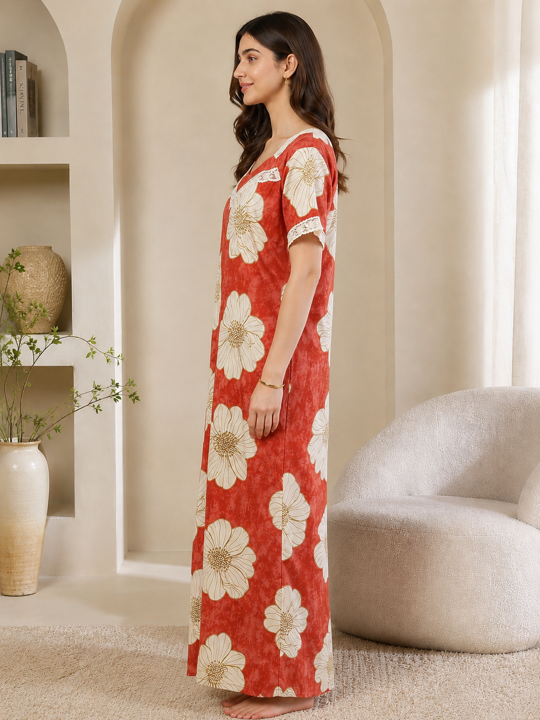 Red Color Floral Printed Viscose Rayon Nighty | Claura