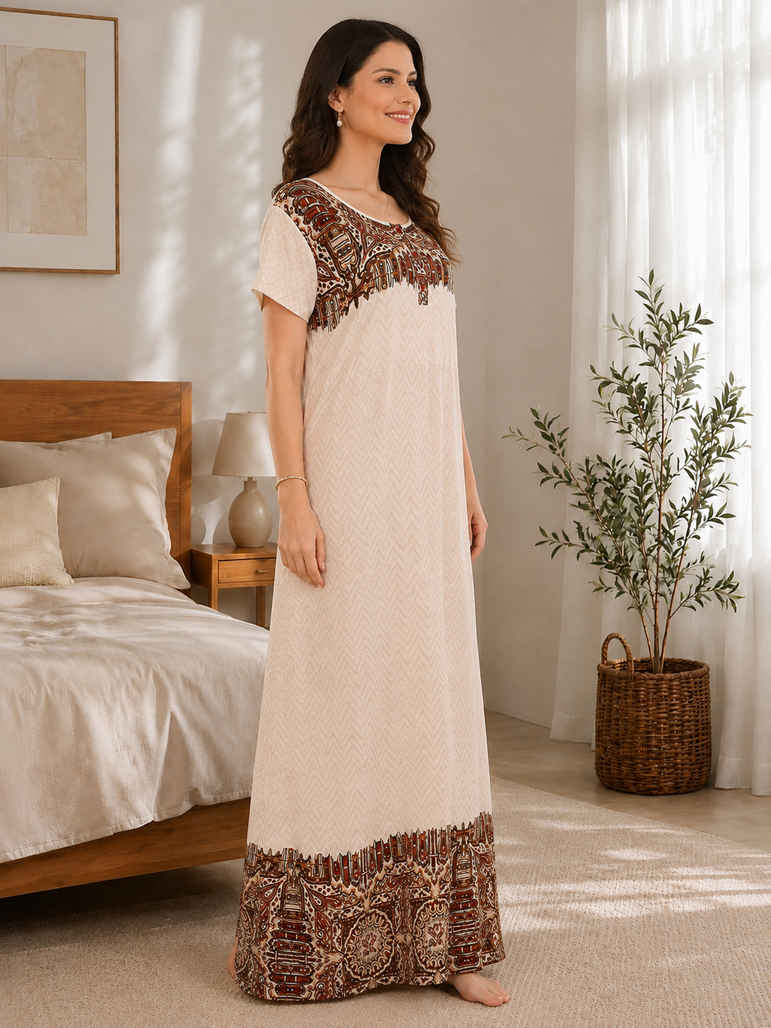White Color Abstract Printed Viscose Rayon Nighty | Claura