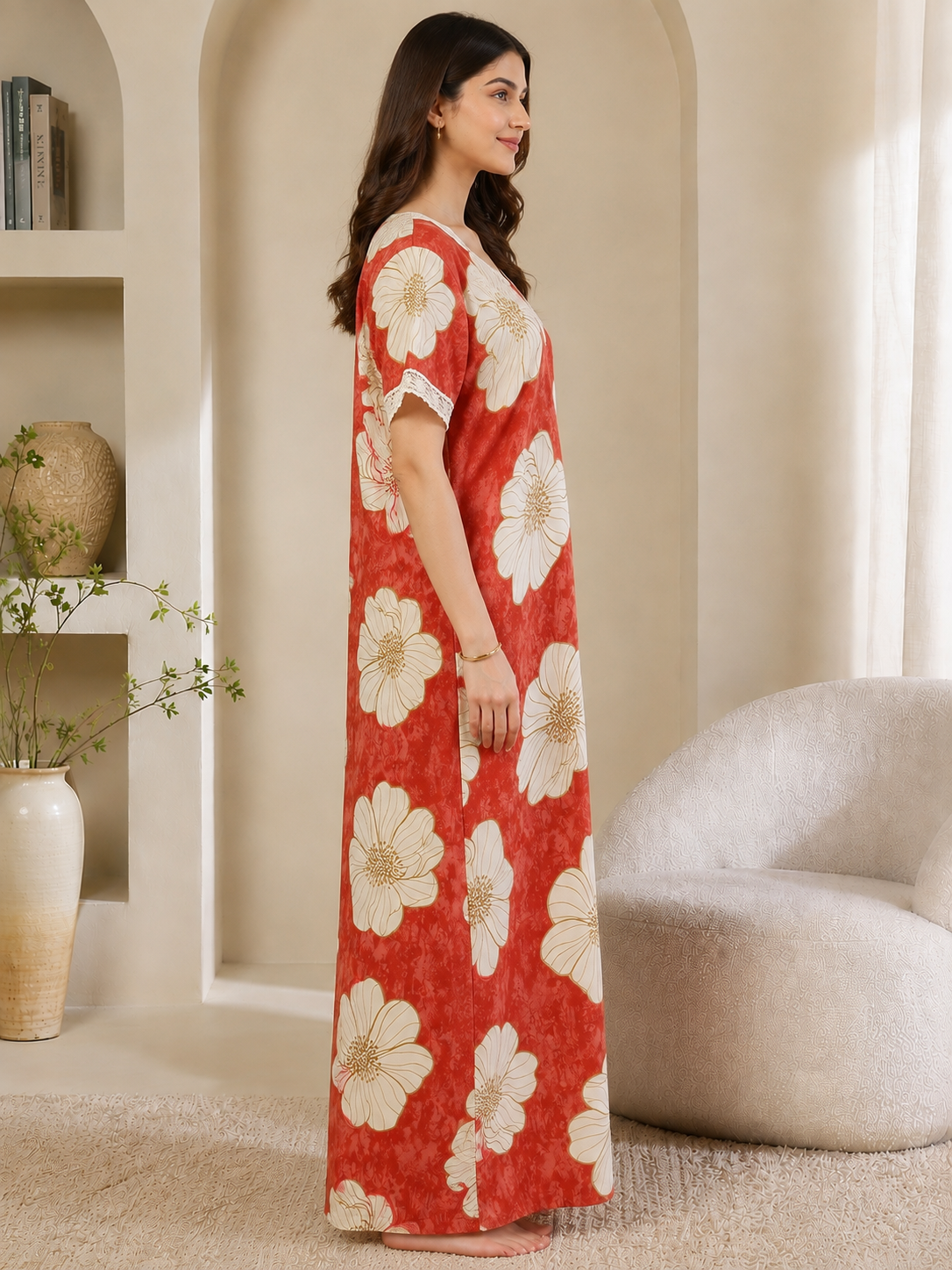 Red Color Floral Printed Viscose Rayon Nighty | Claura