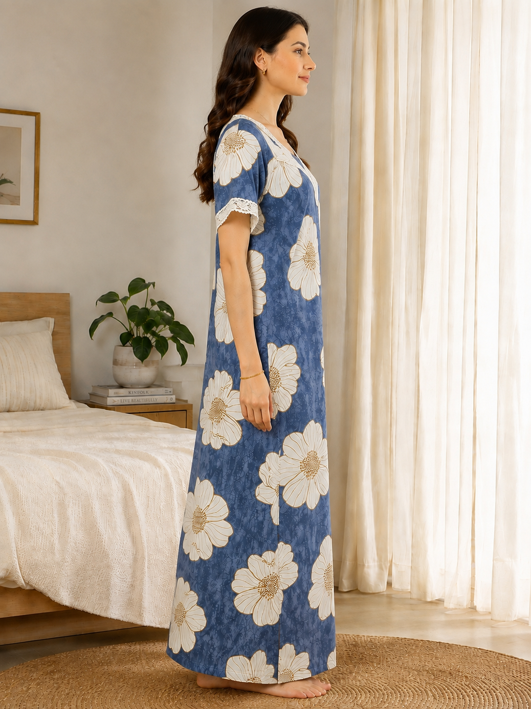 Blue Color Floral Printed Viscose Rayon Nighty | Claura