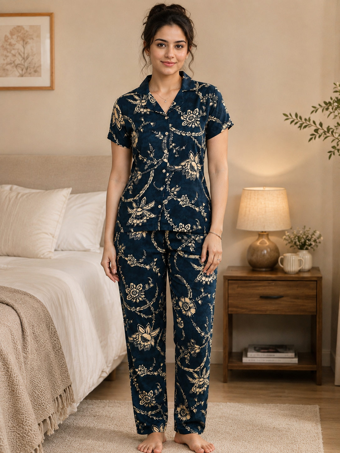 Navy Blue Floral Viscose Rayon Night Suit for Women | Claura