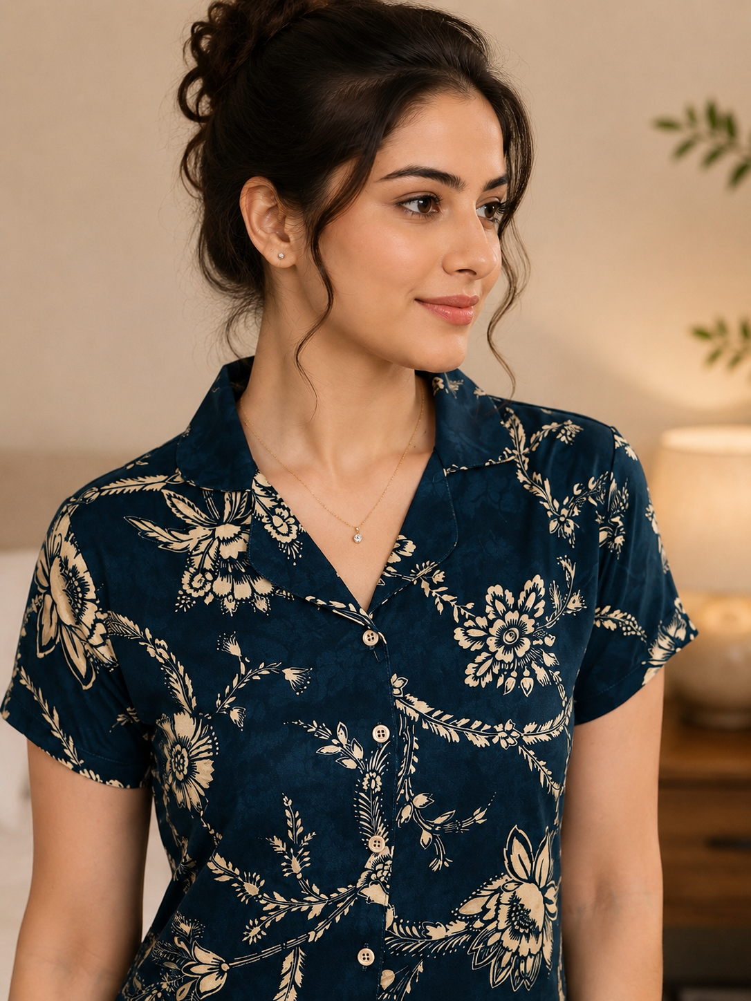 Navy Blue Floral Viscose Rayon Night Suit for Women | Claura