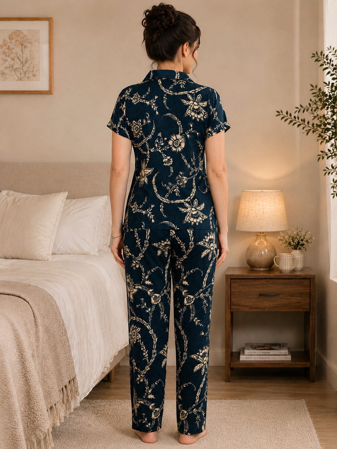 Navy Blue Floral Viscose Rayon Night Suit for Women | Claura