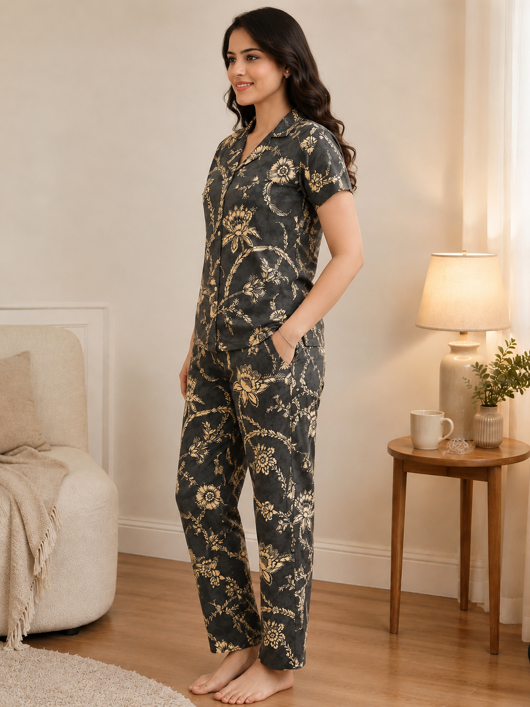 Grey Floral Viscose Rayon Night Suit for Women | Claura