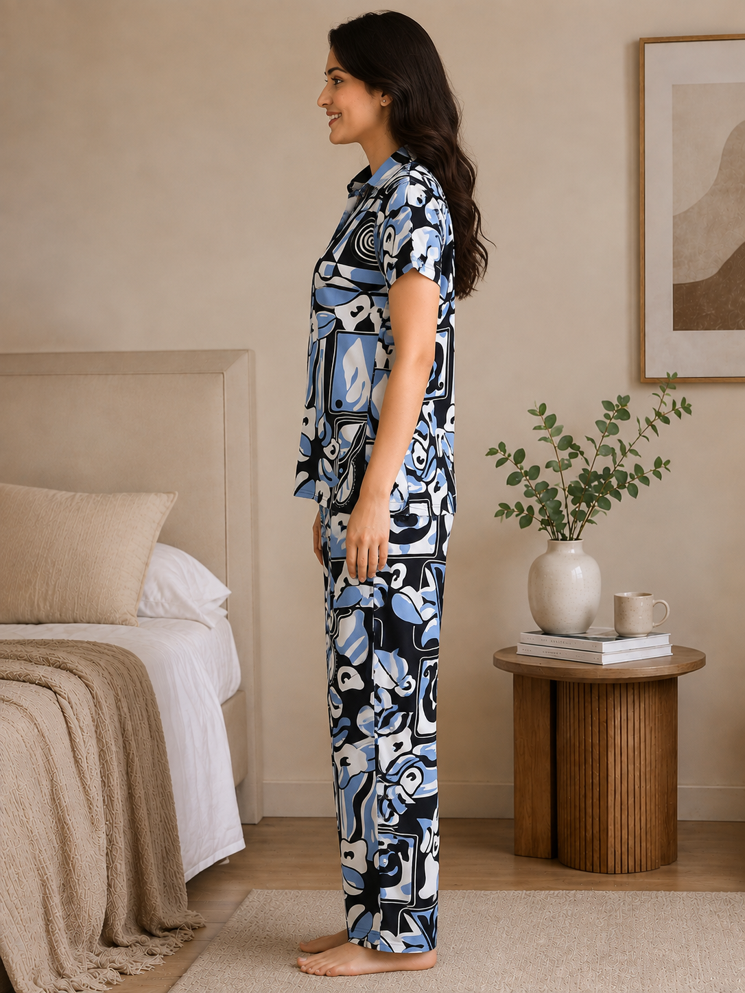 Blue Abstract Viscose Rayon Night Suit for Women | Claura