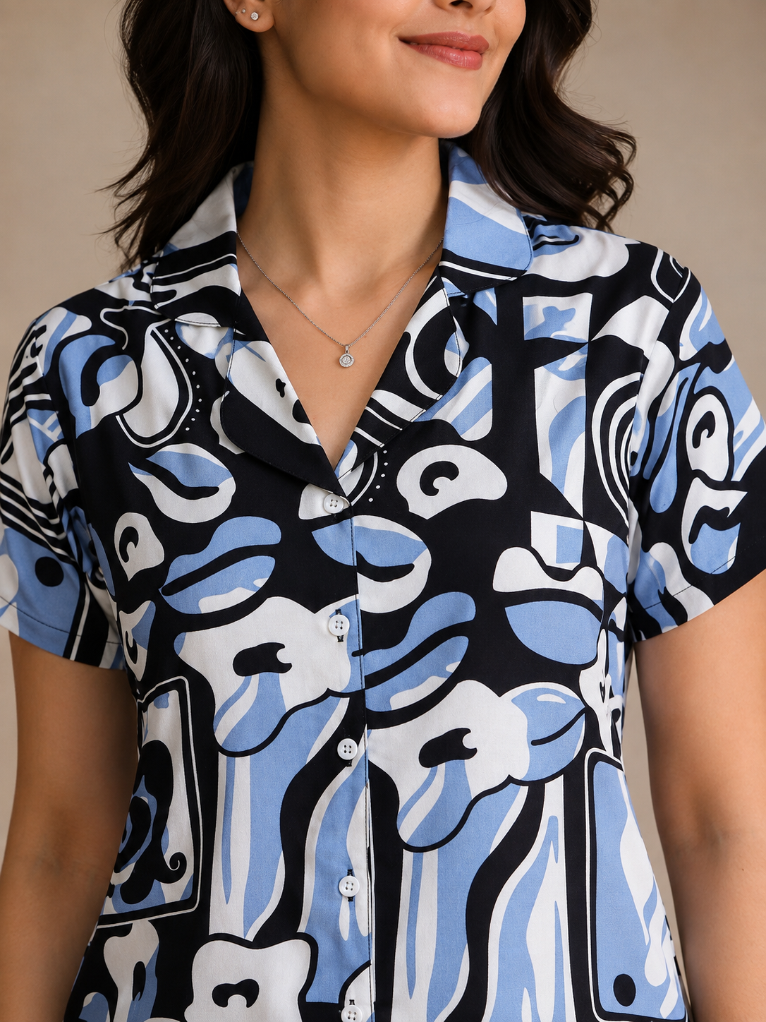 Blue Abstract Viscose Rayon Night Suit for Women | Claura