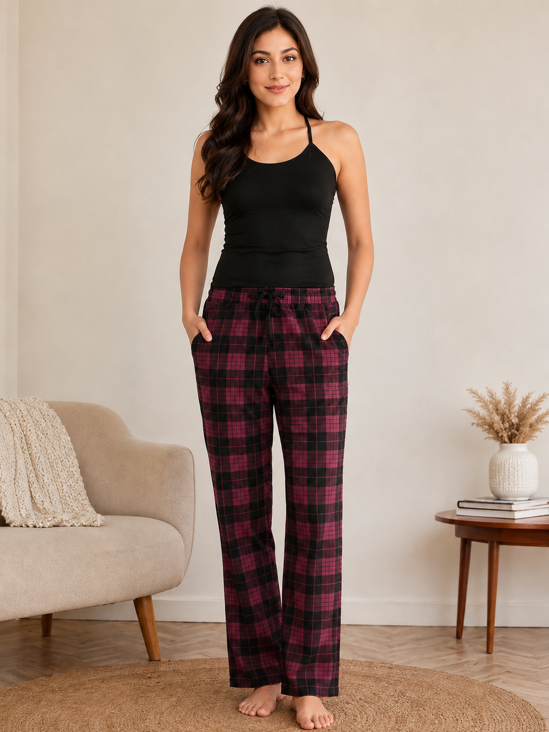 Maroon Abstract Checked Printed Viscose Rayon Pyjamas