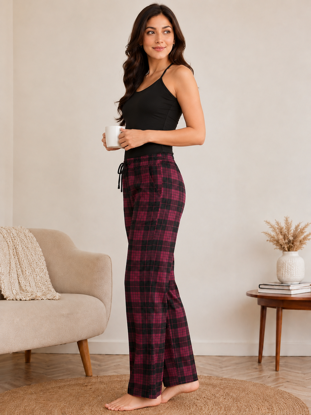 Maroon Abstract Checked Printed Viscose Rayon Pyjamas