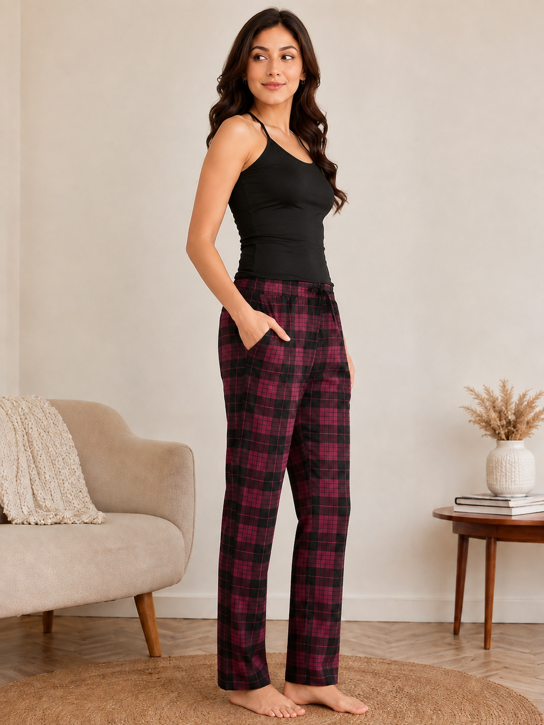 Maroon Abstract Checked Printed Viscose Rayon Pyjamas