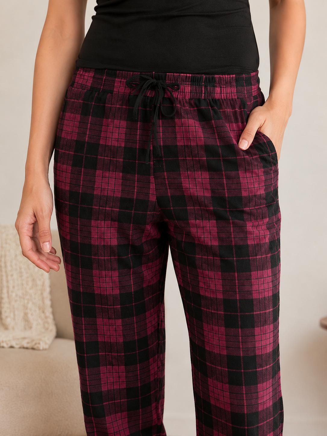Maroon Abstract Checked Printed Viscose Rayon Pyjamas