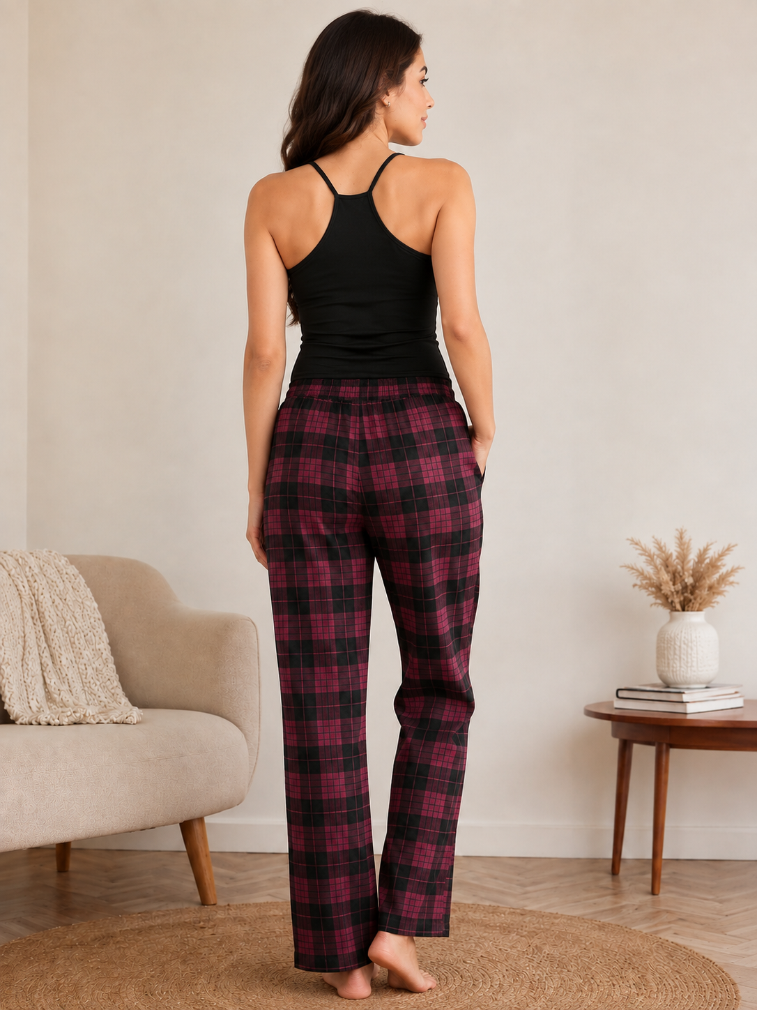 Maroon Abstract Checked Printed Viscose Rayon Pyjamas