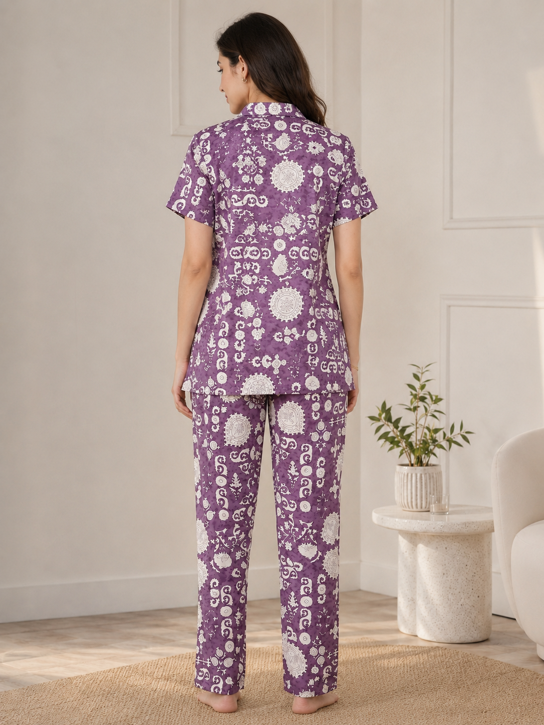Mauve Color Viscose Rayon Abstract Printed Night Suit for Women | Claura