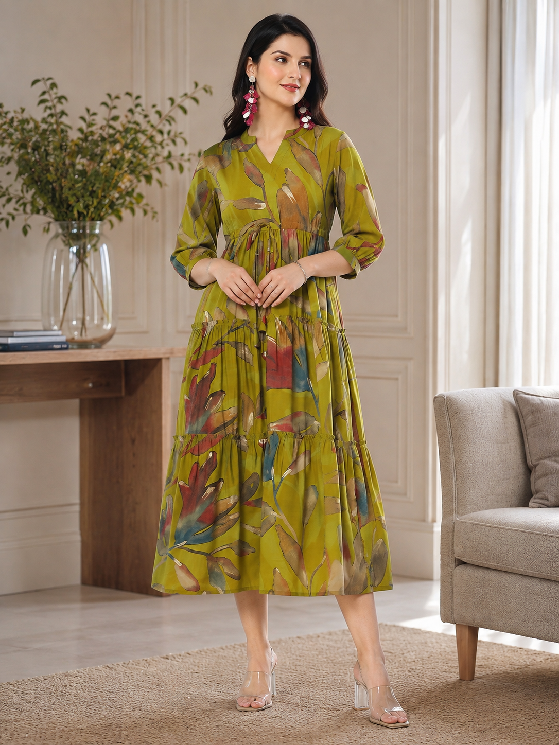 Mustard Yellow Floral Print Fit & Flare dress for Women | Claura