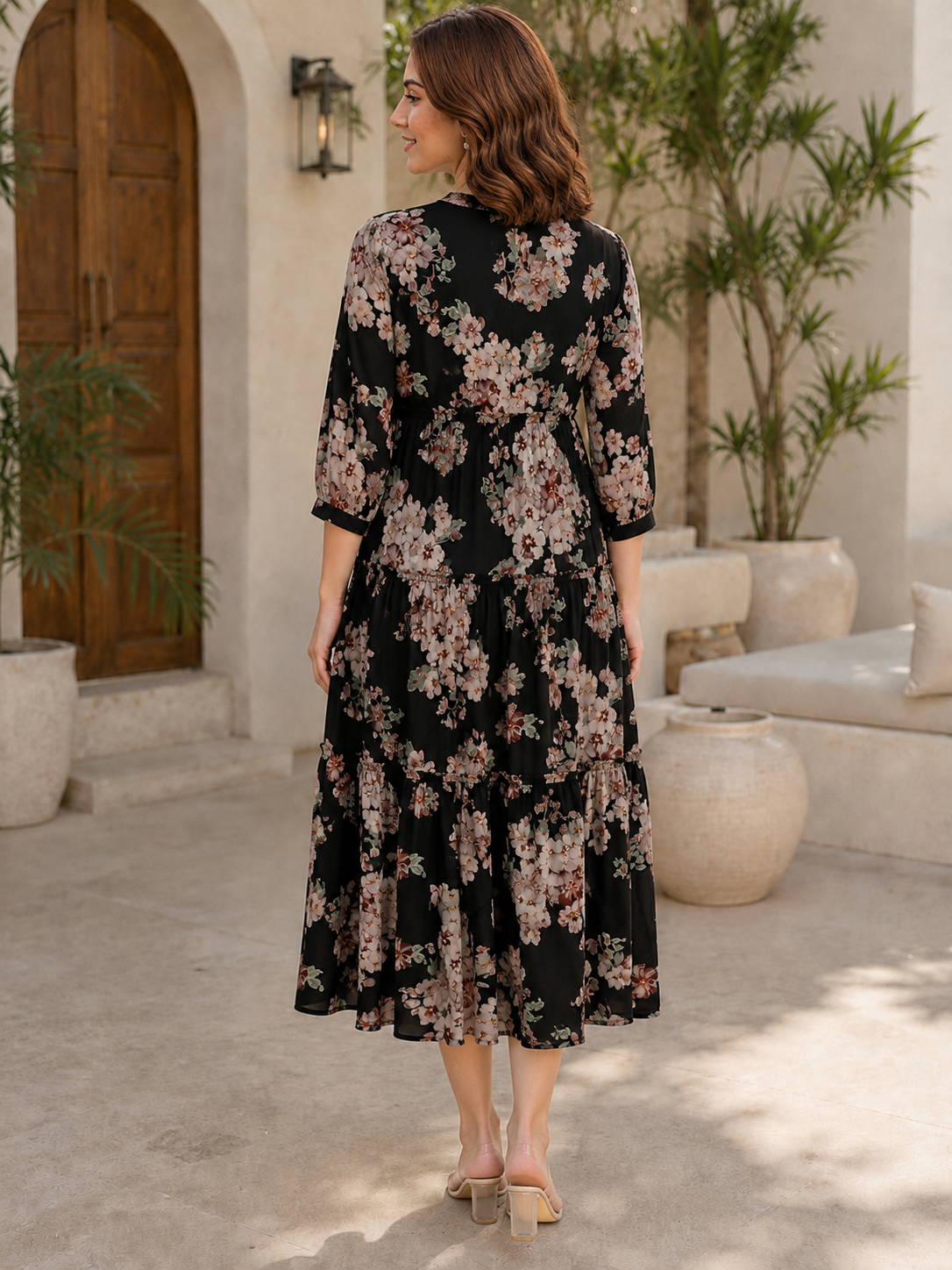 Black Floral Printed Chanderi Silk Dress for Women | Claura
