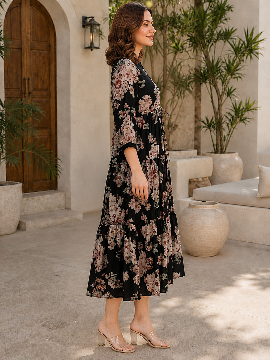 Black Floral Printed Chanderi Silk Dress for Women | Claura