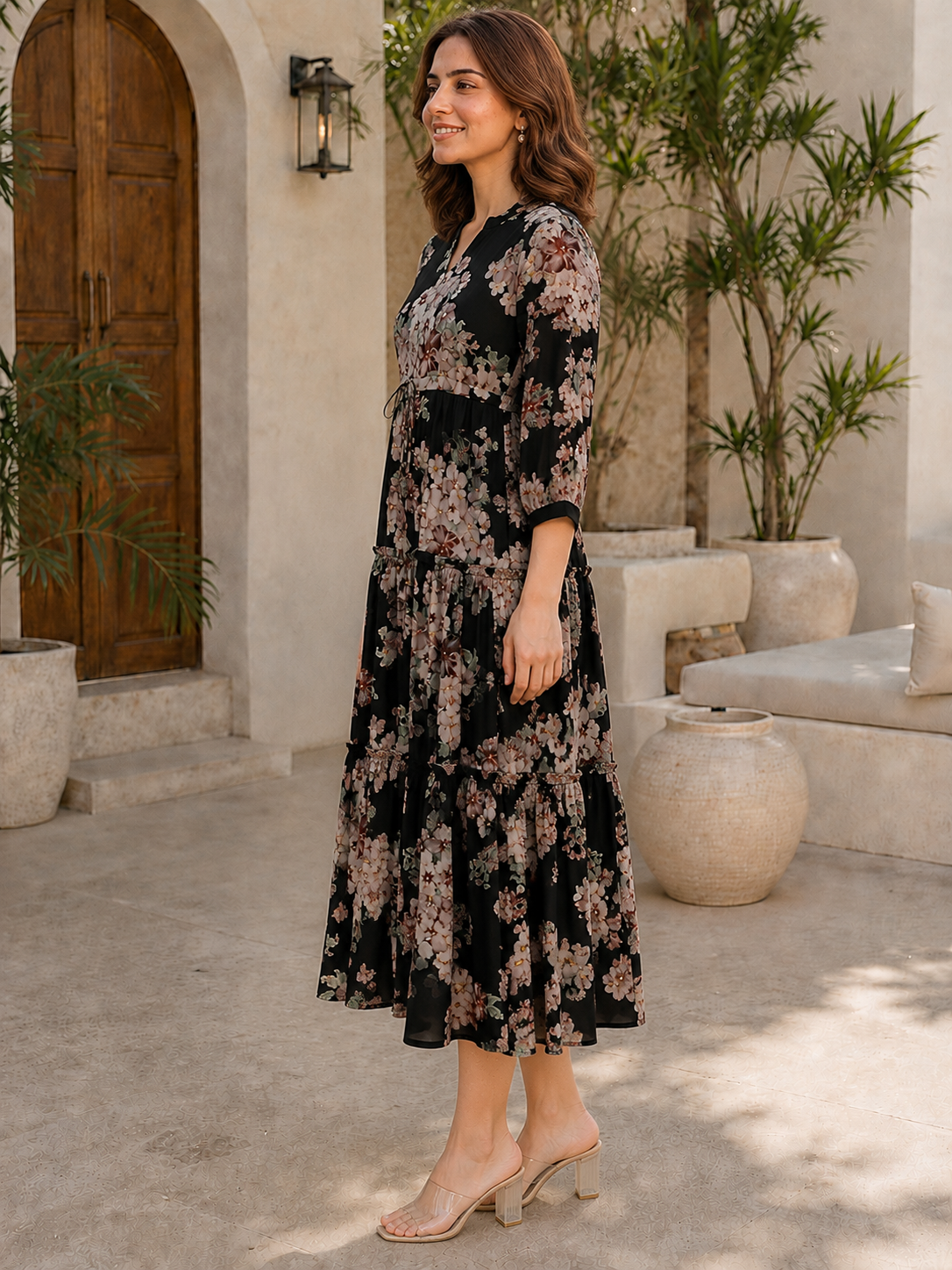 Black Floral Printed Chanderi Silk Dress for Women | Claura