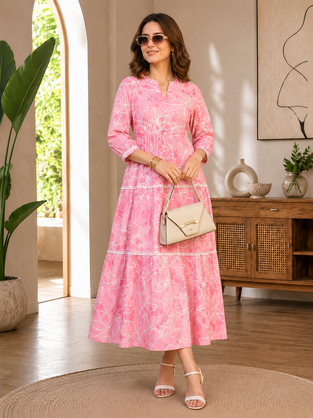 Pink Cotton Floral Printed Dresses for Women | Claura