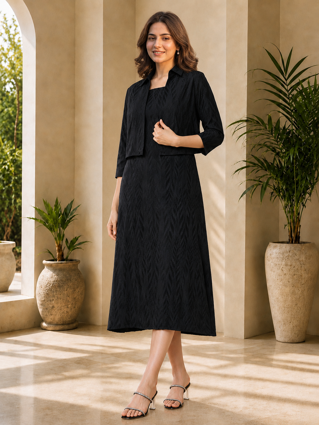 Black Polyester Solid Printed Dress for Women | Claura