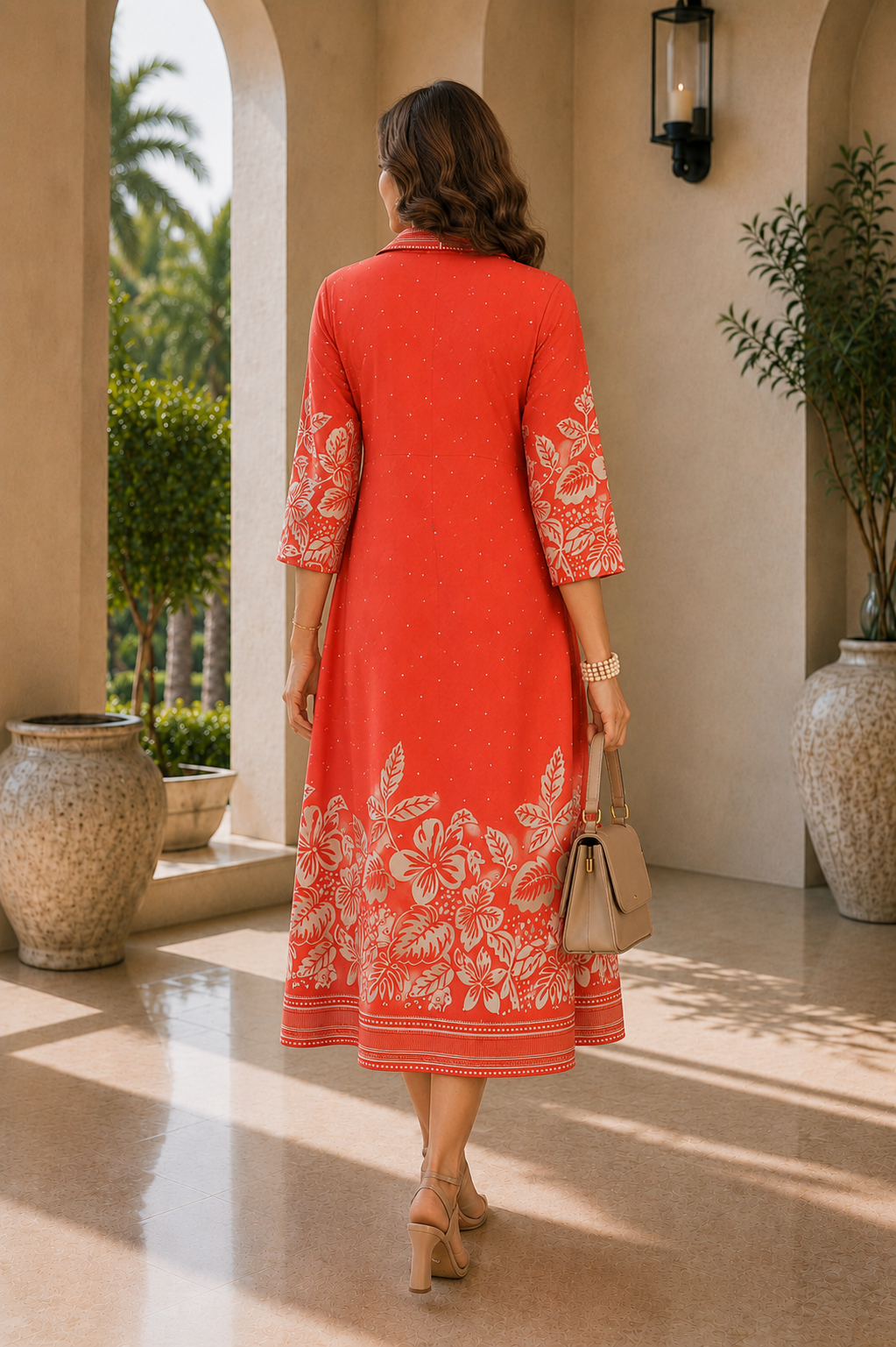 Orange Chanderi Floral Printed Dress for Women | Claura