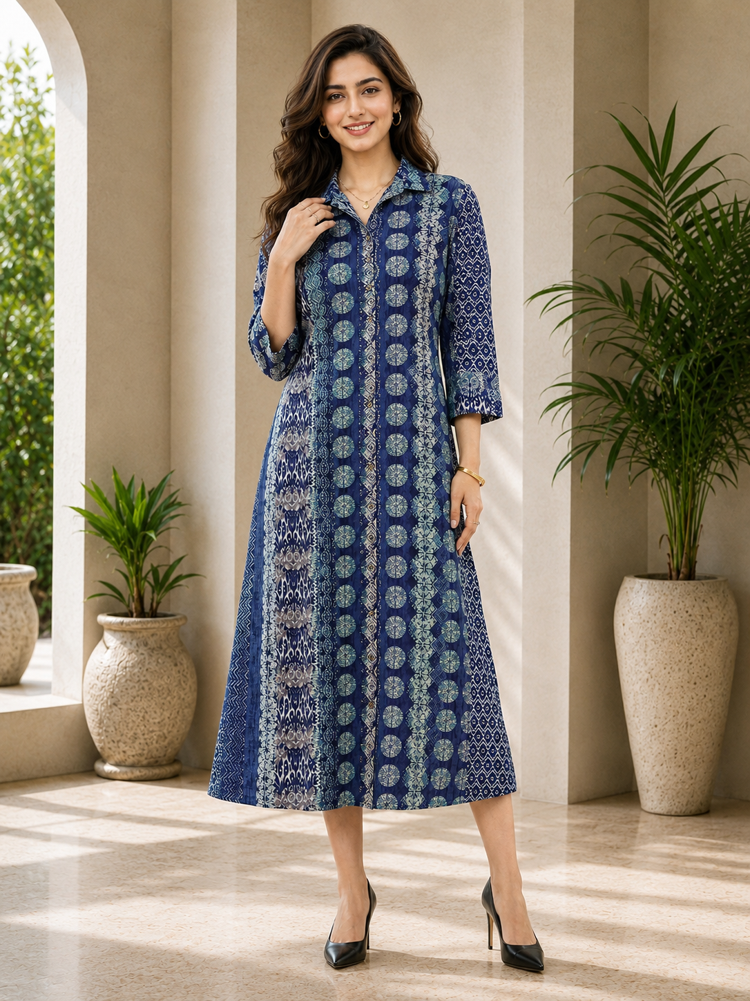 Blue Chanderi Abstract Printed Dress for Women | Claura